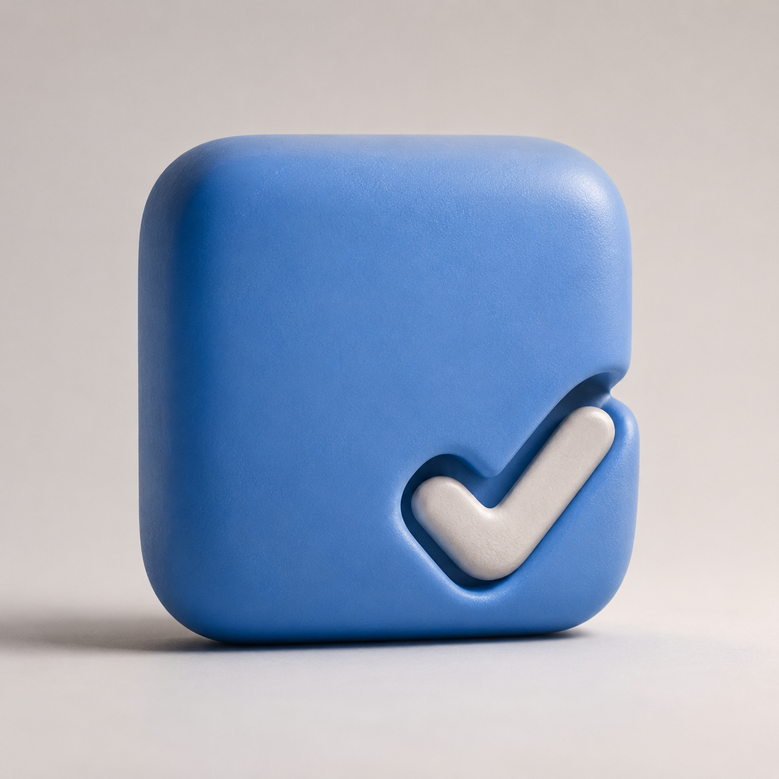 Vouch Layer 3D badge mascot, a soft blue cube with a checkmark cut into one corner.